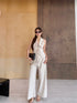 Two Piece Turn Down Collar Single Breasted Button Top with Trouser